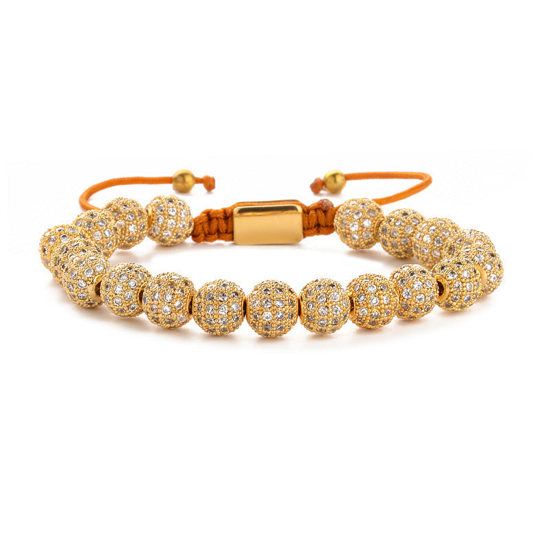 Wholesale Crown 8mm Micropaved Zirconia Gold Diamond Ball Copper Bead Braided Bracelet